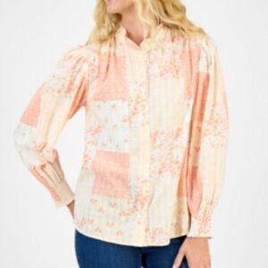 Style & Co. Women's Patchwork Boho Long Sleeve Cotton Pink Top Ruffle Size XL